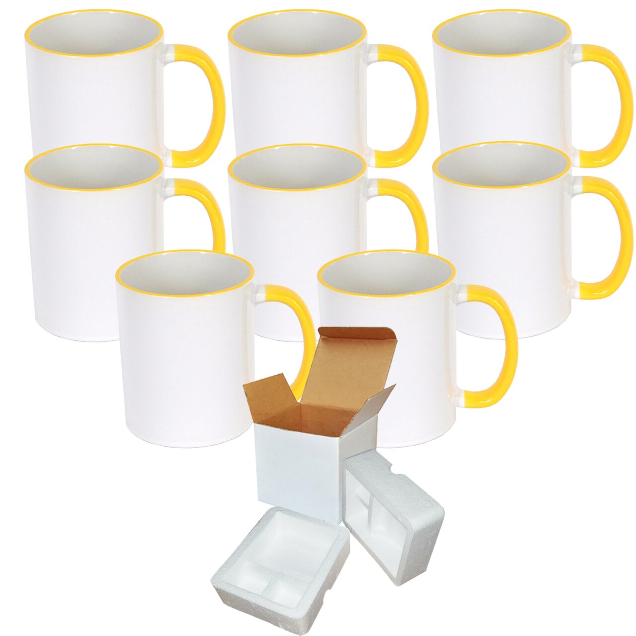 8 Pcs Yellow Sublimation 11oz Rim Handle Mugs With Foam Support Boxes